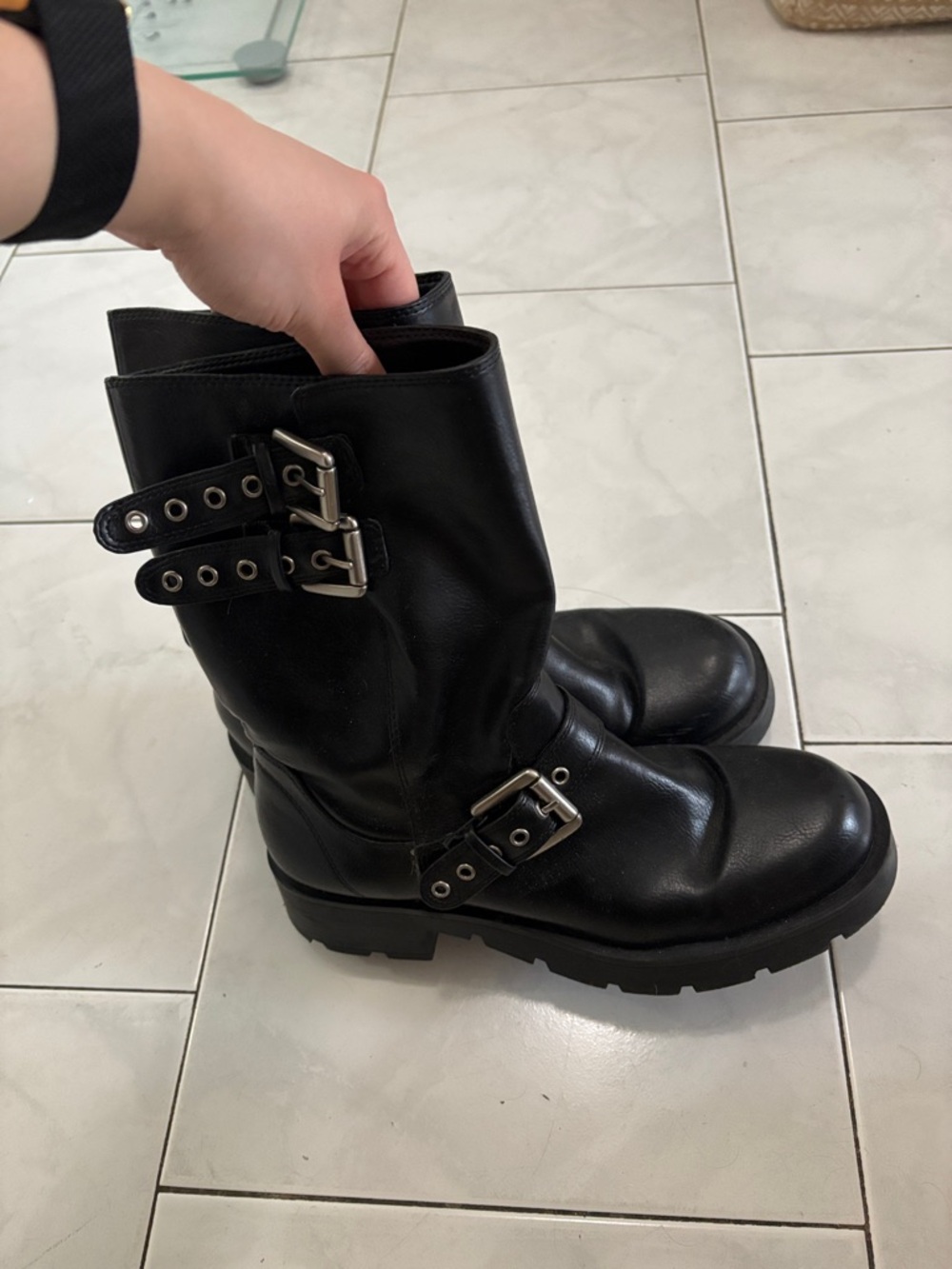 Zara Black Leather Buckle Combat Boots